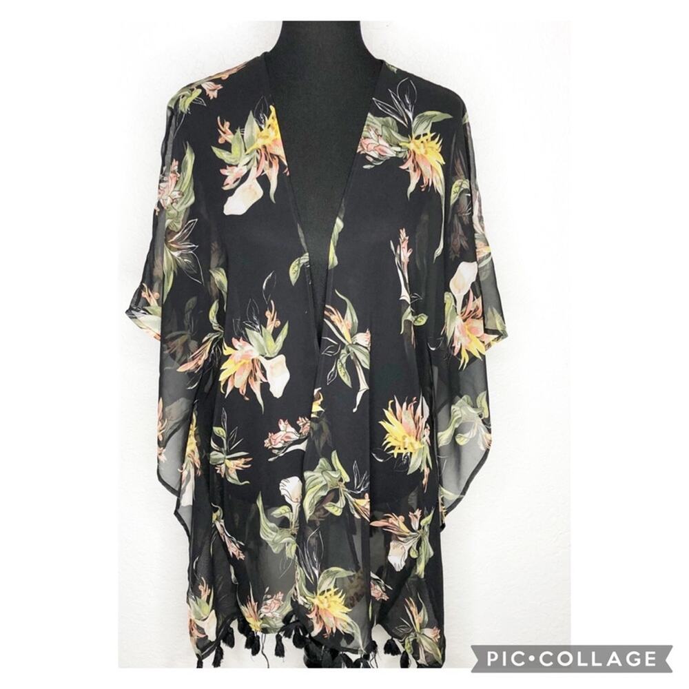 WHBM black tropical floral sheer fringe tassel‎ trim kimono style top One Size